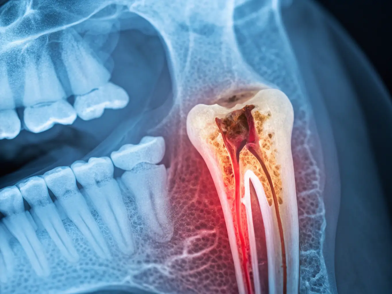 A close-up, detailed x-ray image showing impacted wisdom teeth pressing against the adjacent molars, causing visible crowding and potential damage. The image is professionally taken and highlights the need for extraction.