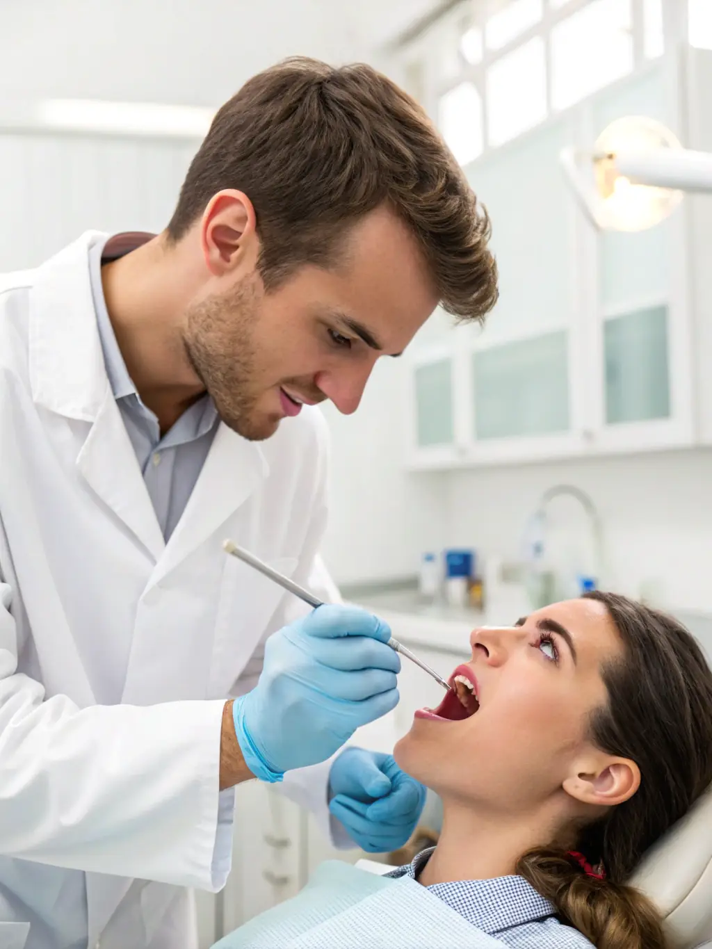 A cracked tooth being examined by a dentist with specialized tools. The image highlights the precision and expertise involved in treating broken teeth.