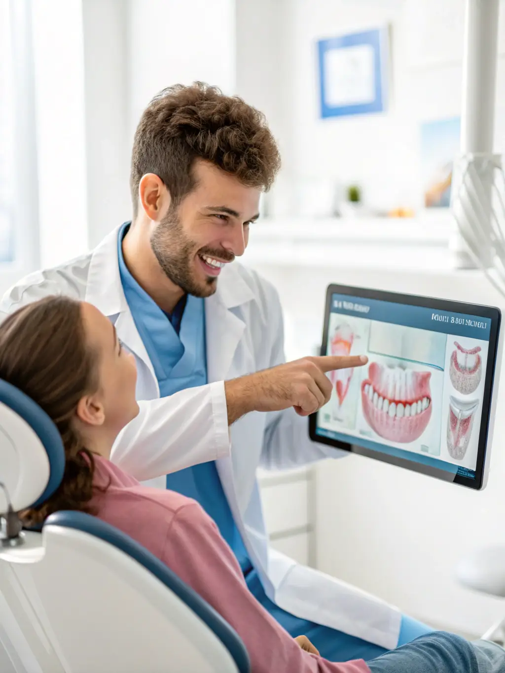 A patient experiencing discomfort from wisdom tooth pain, with a dentist explaining the extraction process. The image conveys empathy and clear communication.